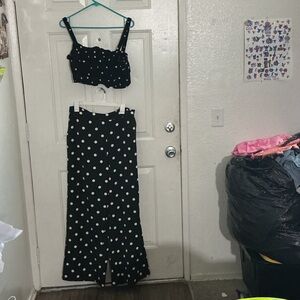 Fashion Nova Black Polka Dot Boot Cut Pants & H&M Crop Top Set